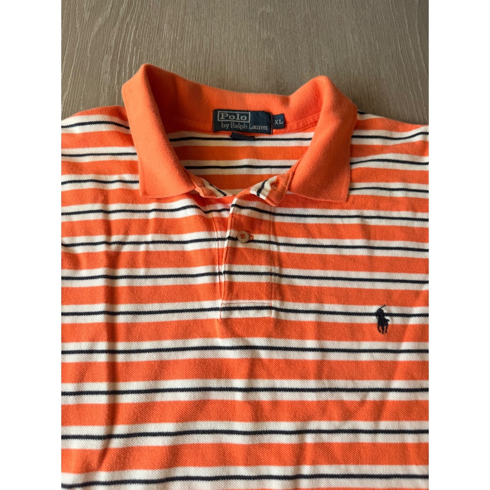 Polo Ralph Lauren Mens XL Orange Navy Blue Striped Short Sleeve Pique Polo Shirt
